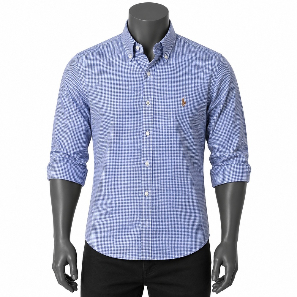 Ralph Lauren Mens Blue Gingham Flesh Pony Button Down Shirt 16 34/35 Long Sleeve